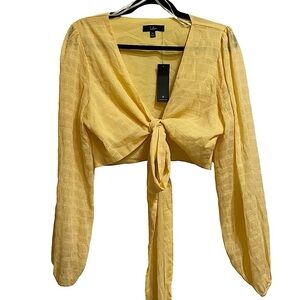NWT Lulus Yellow Metallic Crop Top Tie Front Long Sleeves Cocktail Size XL